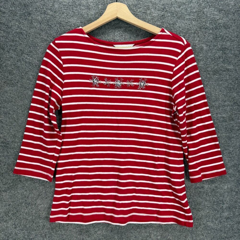 Christopher & Banks T-Shirt Women S Small Red Striped 3/4 Sleeve Cotton Casual